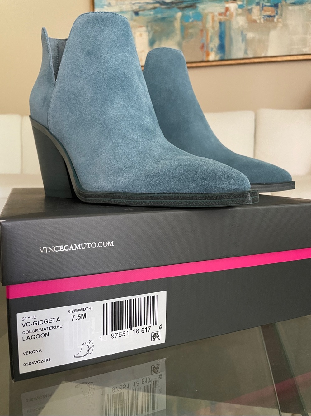 NIB Vince Camuto blue SUEDE lagoon pointy toe ankle boots cowgirl stacked heels